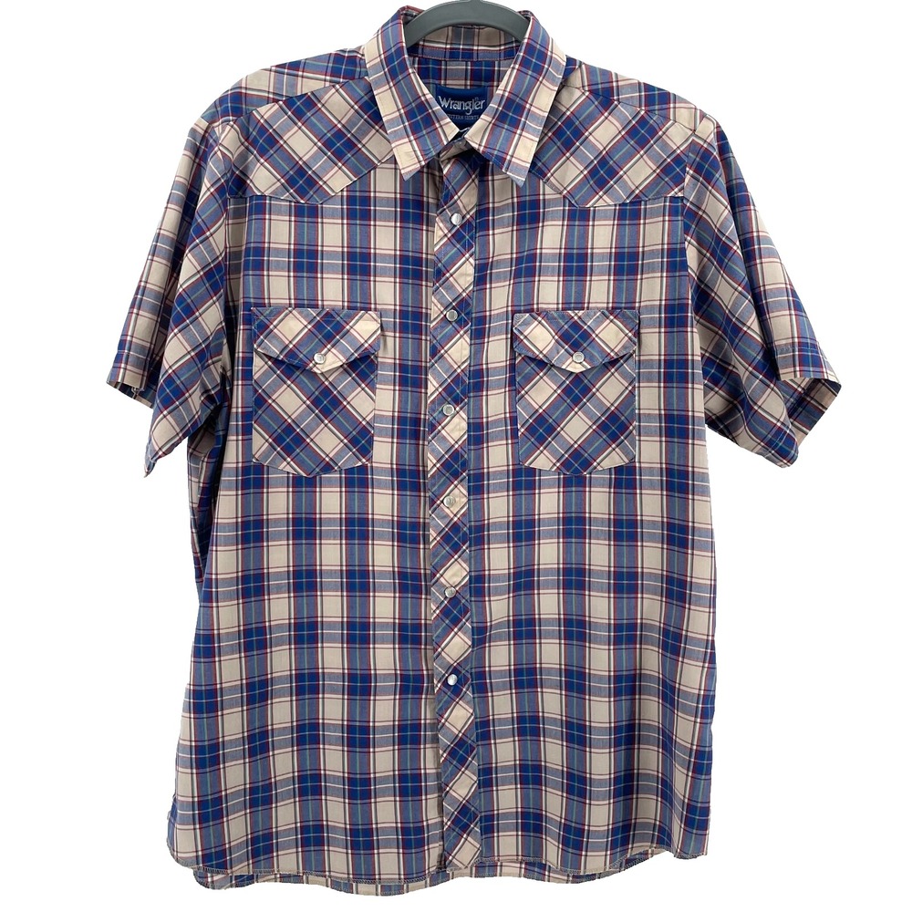Wrangler Men's L Pearl Snap Shirt Tan Blue‎ Red Plaid Western Short Sleeve